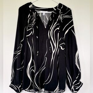 Nine West Black/ White Marbled Silky Blouse, balloon sleeve- XL